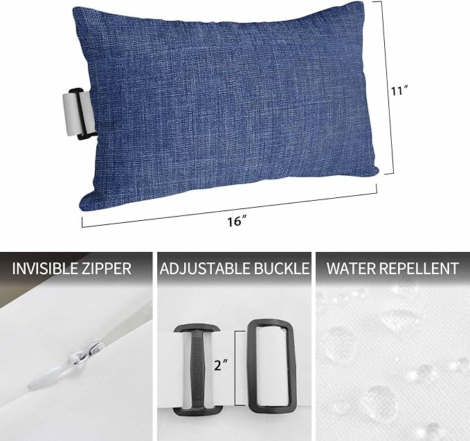 Navy Blue Outdoor Lumbar Pillows 11x16 Set of 2, Farmhouse Burlap Solid Blue Color Modern Linen Texture Waterproof Throw Pillow Covers with Insert, Decorative Pillowcase Cushion for Couch Sofa Bed