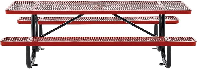 Global Industrial 8’L Rectangular Picnic Table, Expanded Metal, Red Thermoplastic Coating, Attached Benches, 1-1/2” Umbrella Pole Hole, Outdoor-Rated, 1000 lb Capacity, 96” x 30” Tabletop