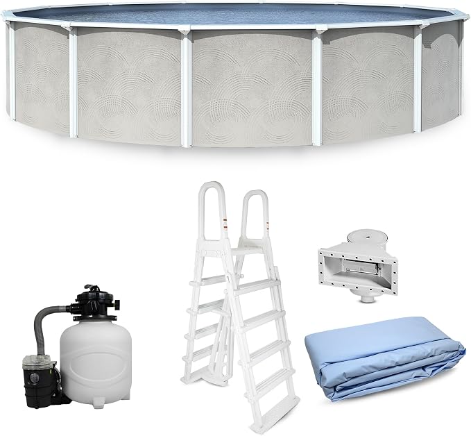 Blue Wave Belize 15-ft Round 52-in Deep Hard Sided Steel Frame Above Ground Pool with 6-in Steel Top Seats, 0.5 HP Sand Filter System, Ladder, Skimmer & Liner – 5,130-Gallon Capacity for Family Use