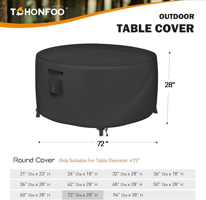 Round Patio Table Cover, Outdoor Table Covers Waterproof, UV Resistant Outdoor Lawn Patio Furniture Covers, 72" DIA x 28" H