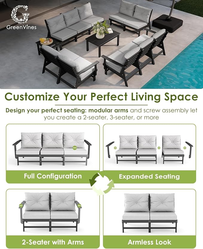 GREENVINES 5-Piece-Patio-Furniture-Set | HDPE Plastic | Outdoor Sectional Conversation Sets | All-Weather Couch | Sofa with Coffee Table | Detachable Armrests | for Deck Lawn | Black