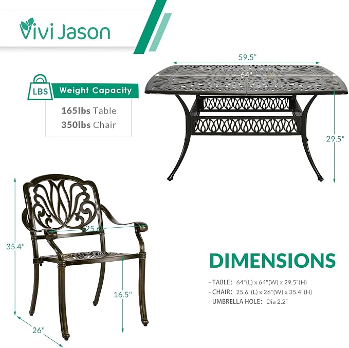 VIVIJASON 9-Piece Outdoor Furniture Dining Set for 8, All-Weather Cast Aluminum Patio Table and Chairs Set with 8 Chairs, 64" Large Square Dining Table and 2.2" Umbrella Hole for Patio Deck Garden