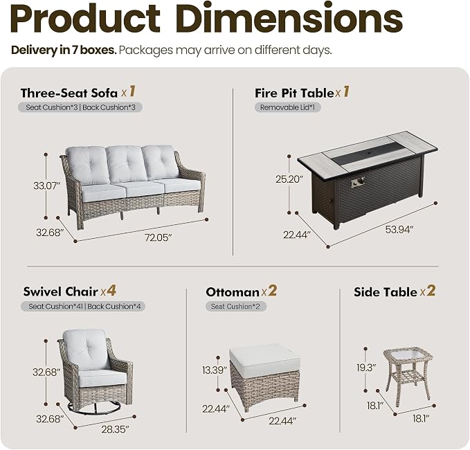 10 Piece Patio Furniture Set with Fire Pit Table, Outdoor Wicker High Back Sofa and Swivel Rocker Chairs Set of 4 with Ottoman, Large Conversation Sets for Backyard Deck Garden, Grey