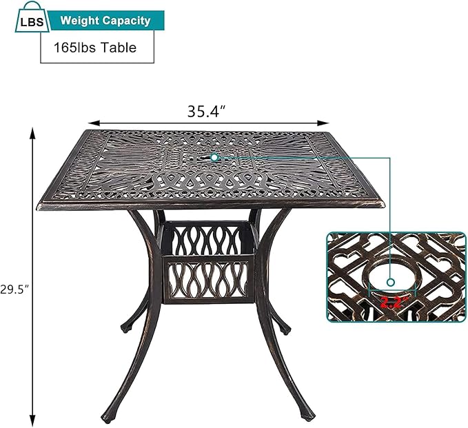 35.4" Square Patio Dinning Table, Outdoor Weather Resistant Cast Aluminum Conversation Table with 2.2" Umbrella Hole, Bronze