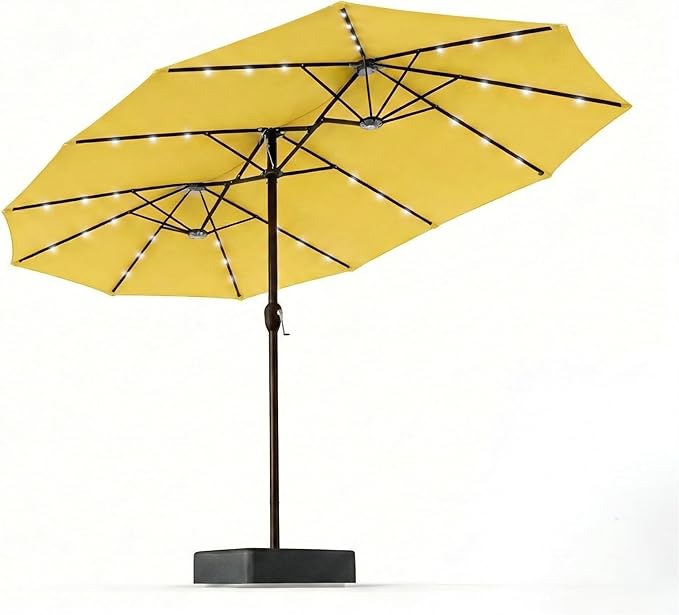 15FT Patio Umbrella with Solar Lights, Double-Sided Extra Large Outdoor Table Umbrella with Base Included, Heavy-Duty 12 Iron Ribs Market Umbrella for Garden, Pool, Backyard, Sunshine Yellow