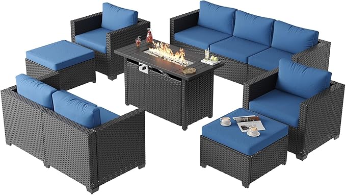 Aoxun 7 Piece Patio Furniture Set with Fire Pit Table, 9 Seats Outdoor Furniture Set with Wicker Ottomans, Rattan Outdoor Sectional Sofa with Thickened Cushion & Waterproof Cover Navy Blue