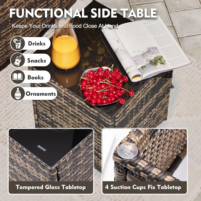 MEISSALIVVE 8 Pieces Patio Furniture Sets, PE Wicker Outdoor Conversation Sets with 2 Wood Armrests Swivel Rocker Chairs, 2 Fixed Single Chairs, 2 Ottomans and Dining Table(Red)