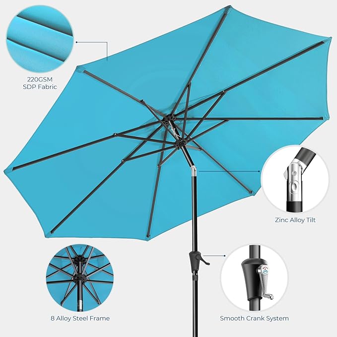 HOMSHADE 9ft Outdoor Patio Umbrella - UPF50+ UV Protection Market Patio Table Umbrella with Push Button Tilt, Crank and 8 Sturdy Ribs for Pool Deck and Garden (Light Blue, No base)
