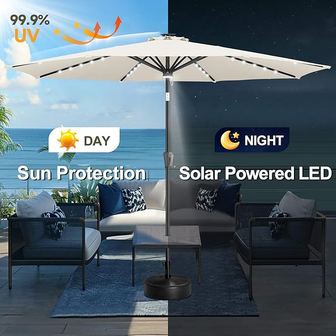 FLAME&SHADE 11 FT Solar Light Patio Umbrella, 40 LED lights outdoor umbrella with Centre Surround Light, Table Market Umbrella for Deck, Pool, Porch, Backyard, Garden, UV Protection, Ivory