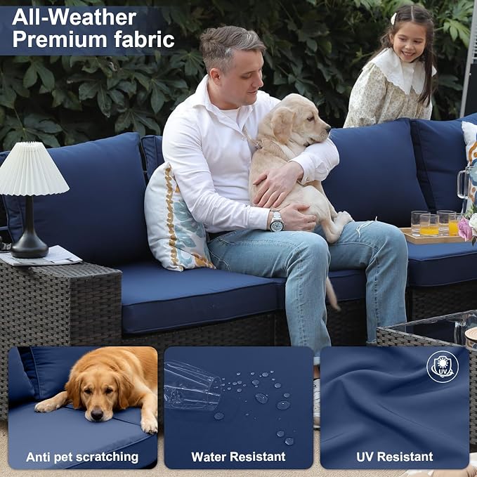 JOYURE 5 Pieces Patio Furniture Set, Outdoor Sofa with Waterproof Cushions, Rattan L Shaped Patio Couch & Coffee Table, Modern Outdoor Furniture for Backyard, Deck, Balcony – Navy