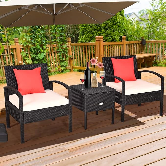Tangkula 3 Piece Patio Wicker Conversation Set, Outdoor Rattan Furniture with Washable Thick Cushion & Coffee Table w/Storage Space, Patio Furniture Set for Backyard Porch Garden Poolside (White)