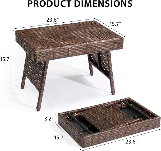23.6" Rectangular Patio Side Table,Small Folding Wicker End Tables,All-Weather Rattan Coffee Table,Bistro Dining Tables,with Steel Frame,for Lawn Garden Backyard Deck Porch Poolside Balcony (Brown)