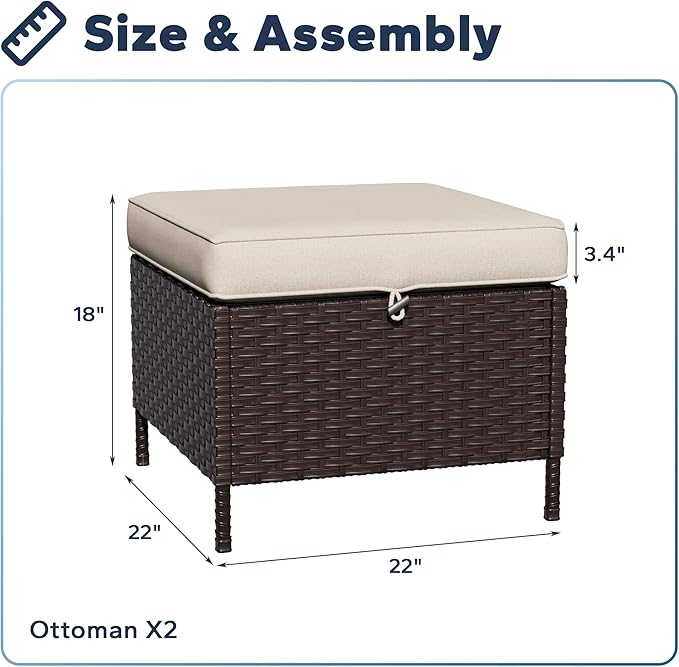 Outdoor Ottomans with Weather-Resistant Cushions, PE Rattan Patio Conversation Set for Backyard, Deck, Porch, Sunroom (Beige)
