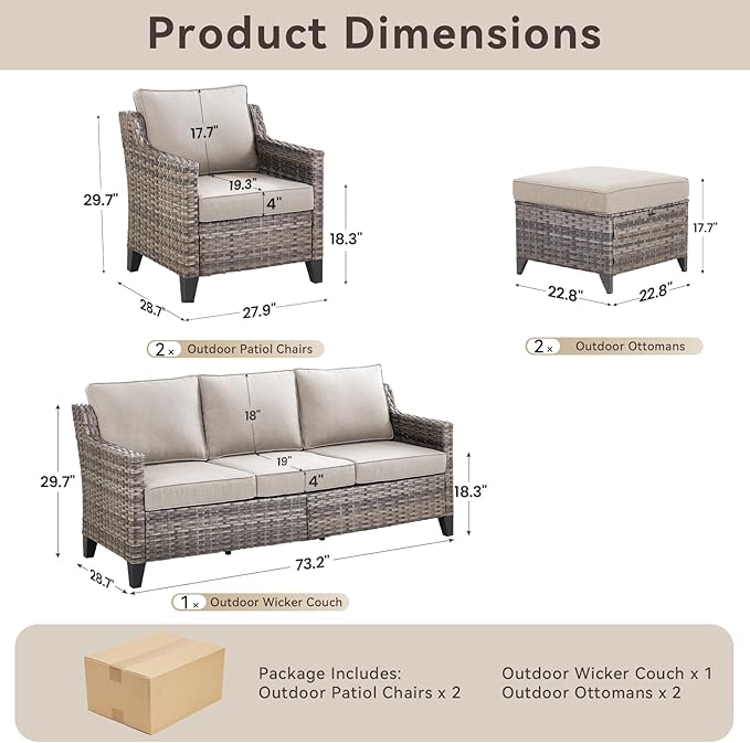 5 Pieces Outdoor Furniture-High Back Outdoor Wicker Couch Patio Chairs Set of 2 with Comfy Cushions Ottomans Patio Furniture Set for Backyard Porch Garden Deck Grey/Beige