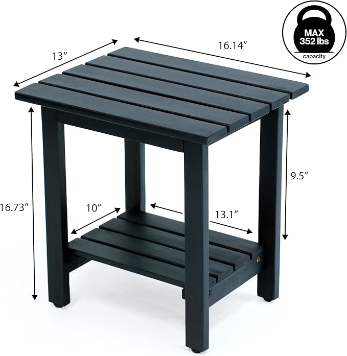 JONATHAN Y Kellie 16" Modern Black Acacia Wood Outdoor Side Table with 2-Tier Storage, Weather-Resistant Rectangular Slatted End Table for Patio, Garden, Deck, and Porch END6001B