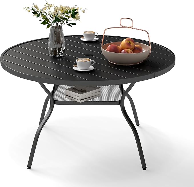 47.2 Inch Round Patio Table for 4 with Adjustable Umbrella Hole, Rust-Resistant Metal Frame, Outdoor Dining Table All-Weather for Backyard, Garden, Lawn, Poolside, and Outdoor Café Use – Black