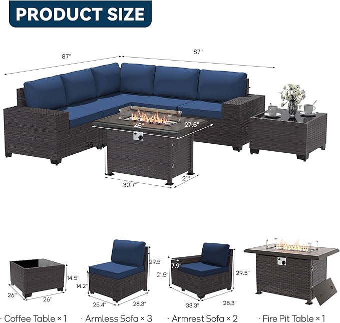 Patio Furniture Set 7 Pieces Outdoor Furniture Patio Conversation Set w/43in Gas Fire Pit,PE Rattan Wicker 7 Pcs Outdoor Sofa Set w/55000 BTU Propane Fire Pit Table,NavyBlue