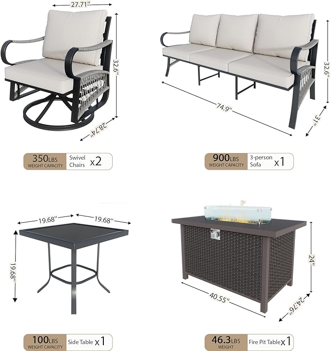 5 Pieces Patio Furniture Set, Metal Outdoor Conversation Sets with Fire Pit Table and Swivel Chairs for Backyard Garden Deck Porch Poolside (Thick Beige Cushions)