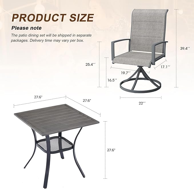VICLLAX 3 Pieces Outdoor Dining Set, Patio Furniture Set Includes 27.6" Square Metal Table W/ 1.9" Umbrella Hole and 2 Padded Textilene Swivel Chairs for Porch, Lawn, Garden, Backyard