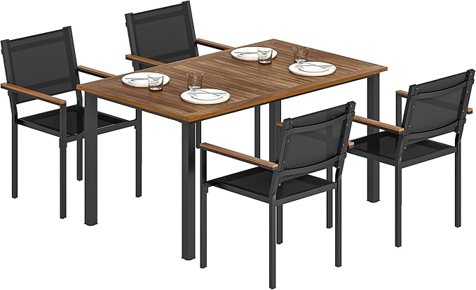 Outsunny 5 Piece Outdoor Dining Set, Outdoor Table and Chairs for 4, 59" Rectangular Acacia Wood Tabletop and 352 LBS Mesh Stackable Chairs, Patio Set for Garden, Backyard, Deck, Teak
