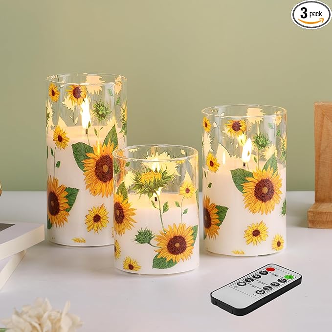 Eywamage Sunflower Glass Flameless Candles with Remote, Flickering Battery LED Pillar Candles Spring Home Table Decor Set of 3