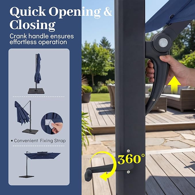 Tangkula 10 FT Patio Cantilever Umbrella, Large Square Offset Hanging Umbrella w/ 360° Rotation, 8 Sturdy Ribs, Air Vent & Cross Base, Heavy-Duty Outdoor Sun Shade for Backyard Pool Garden Deck, Navy Blue