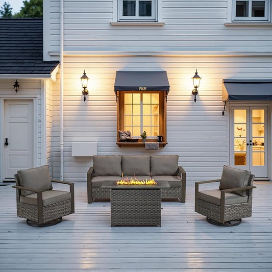 Belord Full 4 Pieces Patio Furniture Set with 41” Propane Fire Pit Table, Outdoor Conversation Set with Swivel Glider Outdoor Chair Set of 2 and Rattan Sofa for Deck Backyard