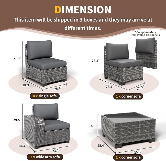 Outdoor Patio Furniture Set, 8‘’ Wide armrest Outdoor Sectional Rattan Sofa Set, Wicker Patio Furniture Sets w/Coffee Table,Thick Cushions and Cover for Porch, Balcony,Deck,8 PCS(Grey&Grey)