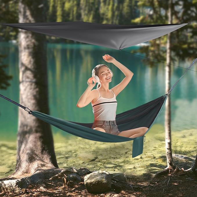 9.5x4.5ft Camping Hammock, Portable Outdoor Hammock Tent with Mosquito Net and Rain Fly Tarp, Backpacking Hammock for Hiking, Outside, Patio, Travel (Black and Blackish Green)