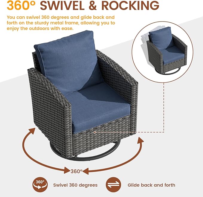 UDPATIO Patio Furniture Set, 6 Pieces Outdoor Sectional Couch with Swivel Rocking Chair, Gray Wicker Rattan Sofa with Side Table, 4" Thick Cushion for Garden Backyard Deck,Blue