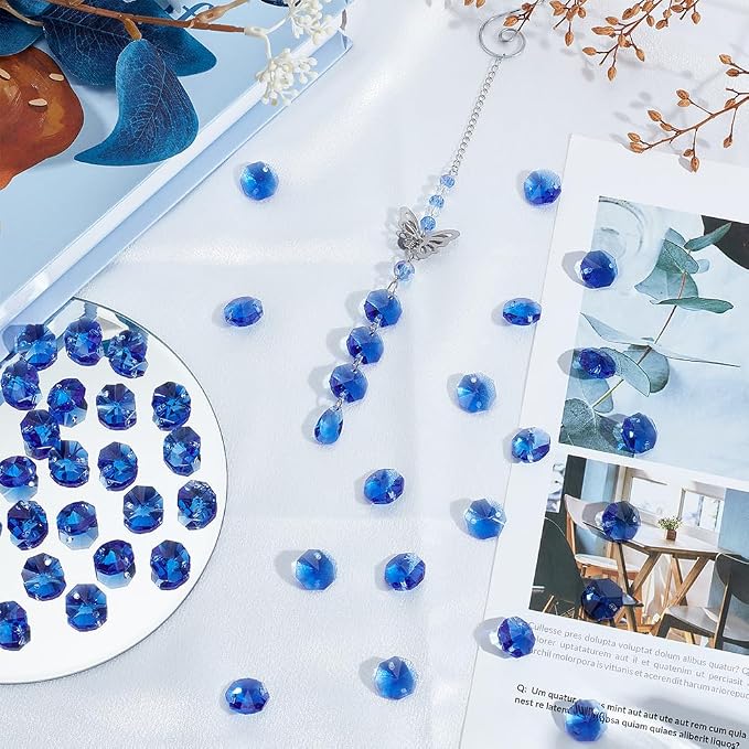 120Pcs 14mm Octagonal Crystal Beads Suncatcher Glass Beads with 2 Hole Dodger Blue Chandelier Replacement Connector Faceted Prism Spacers for DIY Lamp Hanging Ornament Pendant Jewelry Decor