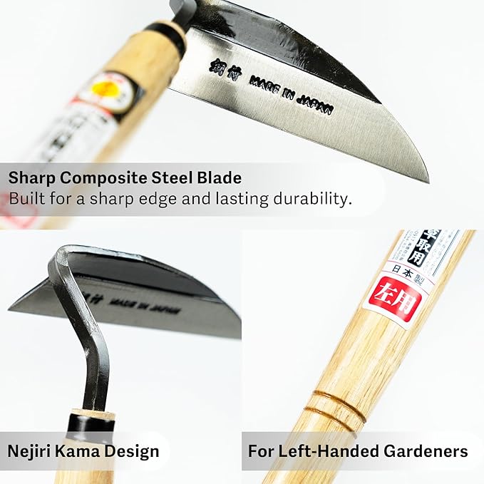 HONEN Japanese Left-Handed Nejiri Kama Weeding Sickle, Sharp Composite Steel Hand Weeder for Precise Weed Removal in Tight Spaces, Wood Handle, Made in Japan
