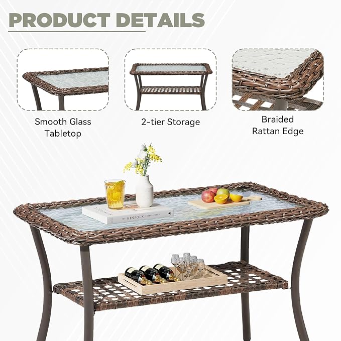 2 PCS Patio Furniture Set, Outdoor Wicker Loveseat Sofa with Coffee Table, 4-Inch Thick Olefin Cushions & Curved Armrests, 300 lbs Capacity Rattan Porch Furniture for Garden, Backyard, Blue