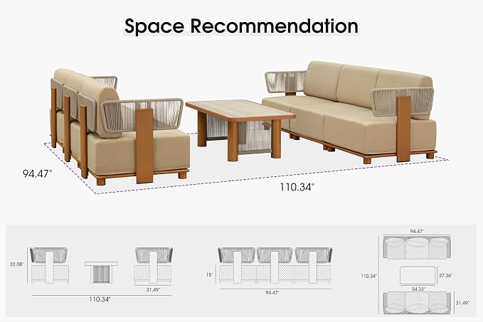 PURPLE LEAF Patio Furniture Set Modular Open-End Outdoor Sectional Sofa with 11" Thick Olefin Cushion 7-Piece Outdoor Conversation Set with White Lights & Table for Patio Backyard Poolside, Beige