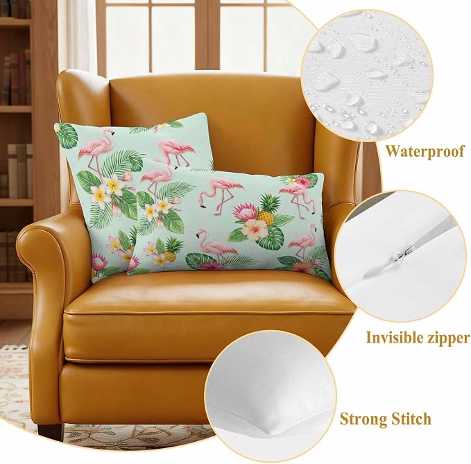 Pink Flamingos Outdoor Pillow Covers 16"x16" Set of 2, Summer Tropical Yellow Pineapples Green Palm Leaf Waterproof Throw Pillow Covers for Patio Furniture, Decorative Cushion Covers for Porch