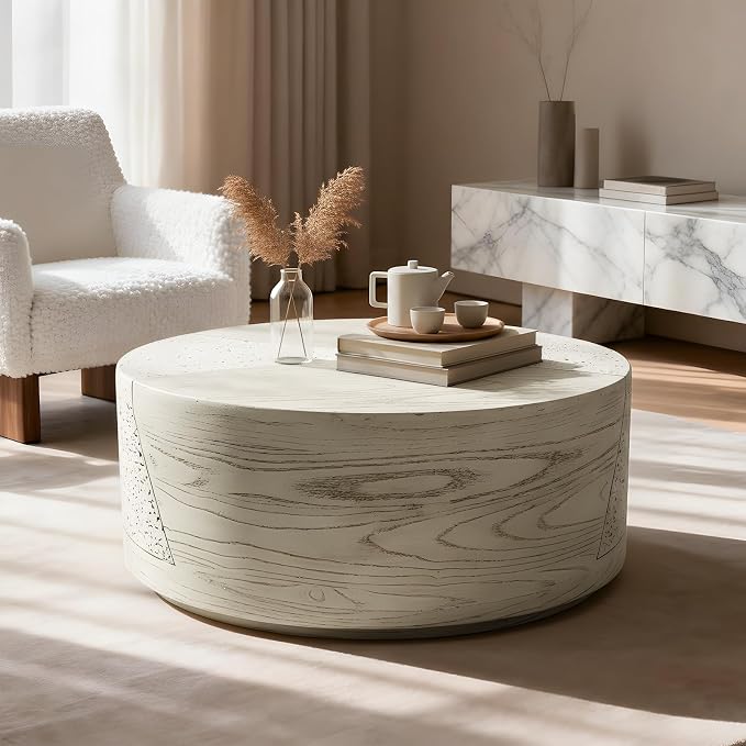 LIVILAND 27.6" Round Drum Coffee Table, Modern MgO Weatherproof Outdoor Center Table for Living Room, Patio & Balcony, Japandi Faux Wood Grain, No Assembly Required (Ivory Oak Travertine)