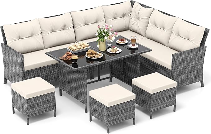 Tangkula 7 Pieces Patio Dining Furniture Set, Outdoor PE Rattan Sectional Sofa Set with Soft Cushions, Ottomans and Tempered Glass Table, Wicker Conversation Set (Mix Gray + Off White)