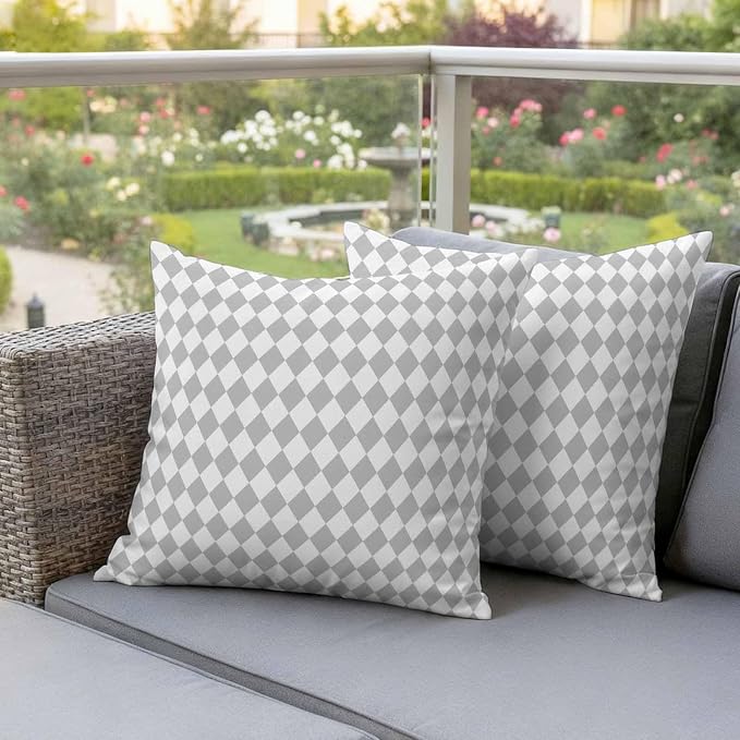 Outdoor Throw Pillow Cover Abstract Gray White Plaid Waterproof Cushion Covers 2 Pack Modern Geometric Diamond Pillow Cases Home Decoration for Patio Garden Couch Sofa