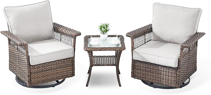 Outdoor Patio Rocking Swivel Chairs - 3PC Wicker Patio Bistro Rocker Chair Set,Rattan Glider Chair with Sturdy Frame,All-Weather PE Wicker and Cushions,1 Side Table for Deck Porch Balcony(Brown/Beige)