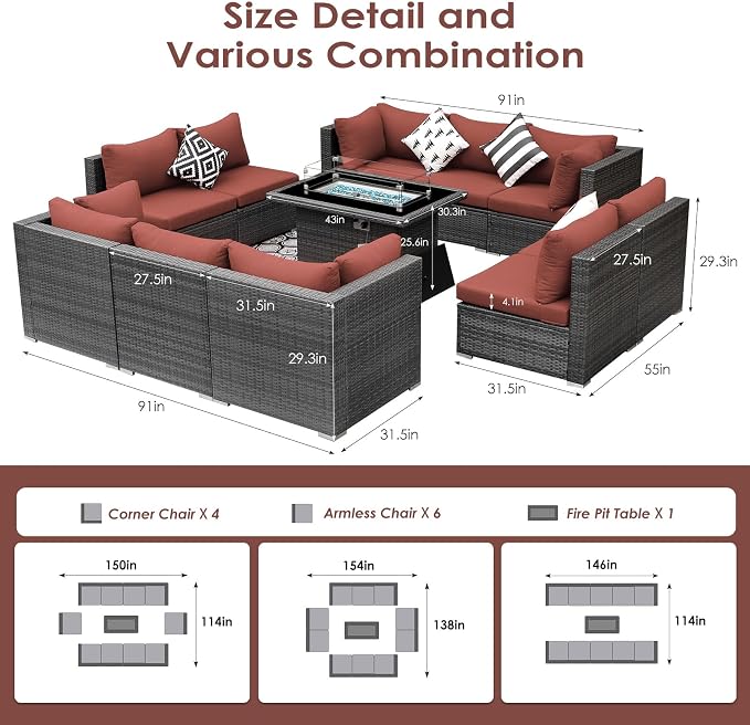 BULEXYARD 11 Piece High Back Outdoor Patio Set with Firepit, Extra Large Backyard Furniture Sectional Couch 10-Seater Modular, XL Big Wide Deep Outside Seating Area for Exterior, Grey & Red