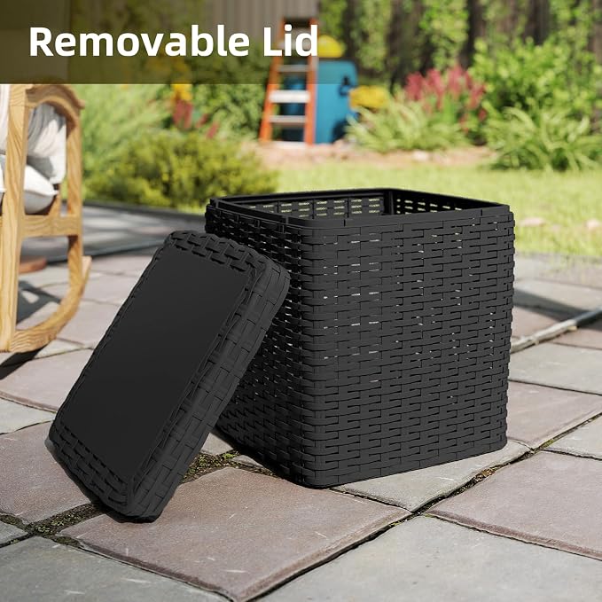 14 Gallon Outdoor Storage Box, Faux Rattan Deck Box with Removable Lid & Lockable Feature, All-Weather Waterproof Storage Bench for Poolside, Garden Tools Delivery Packages, Black