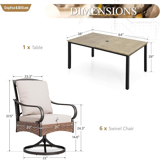 Sophia & William Outdoor Patio Table and Chairs for 6 Outdoor Dining Set with 6 Padded Large Patio Swivel Rocking Chairs, 64" X 38" Rectangular Metal Table for Garden Deck Backyard