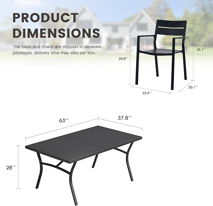 7 Pieces Patio Dining Set, 63" Outdoor Dining Table and Chairs Set for 6 Outdoor Furniture with Stackable Patio Chairs for Lawn Garden Backyard, Black Table and Black Chairs