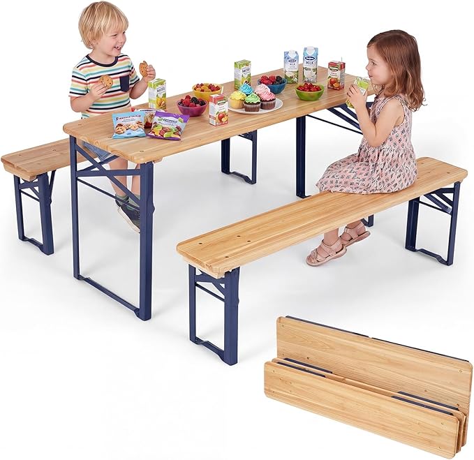 Costzon Kids Picnic Table, 43.5 Inch Folding Picnic Table with 2 Benches, Fir Wood Top & Metal Frame, No Assembly 3-Piece Portable Kids Indoor/Outdoor Furniture for Patio Backyard Daycare (Navy Blue)