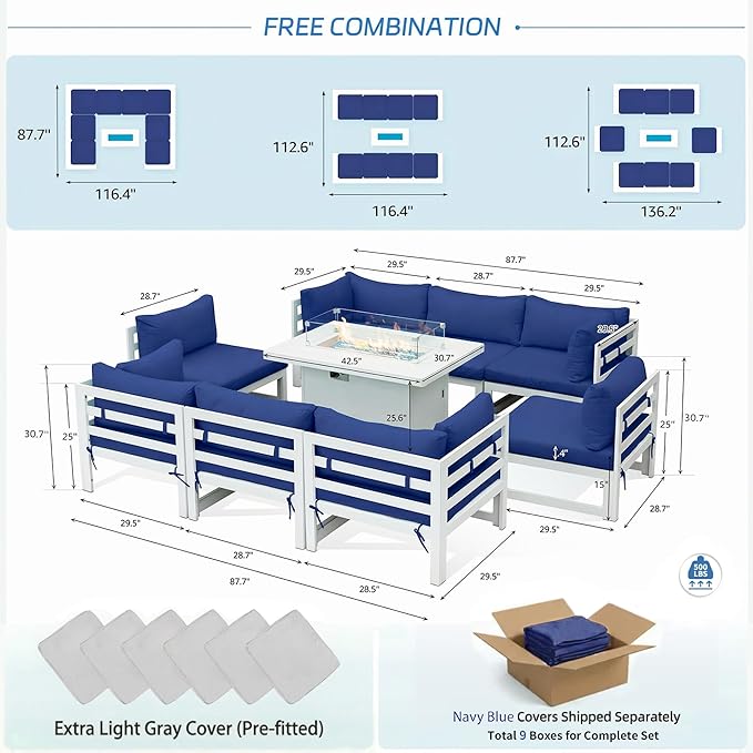 NICESOUL 9 Piece Modern Aluminum Patio Furniture Set with Fire Pit Table, 500 lbs Heavy Duty Outdoor Sectional Sofa, 29" Deep Wide Oversized Seating Conversation Couch for Garden Exterior, Navy Blue
