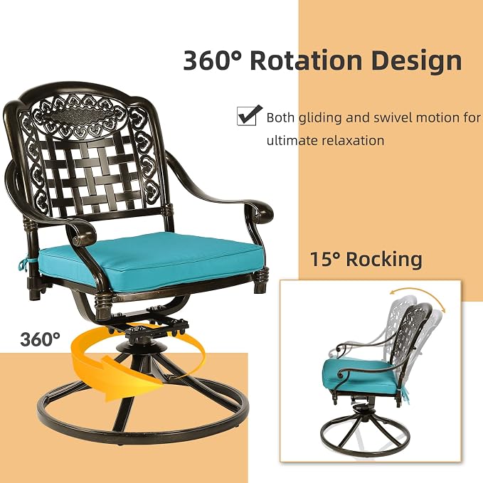 5 Piece Patio Dining Set, Outdoor Table and Chairs Set for 4 Cushioned Swivel Rocking Chairs and 38.5'' Round Table, All-Weather Cast Aluminum Patio Funiture Set, 2'' Umbrella Hole, Blue