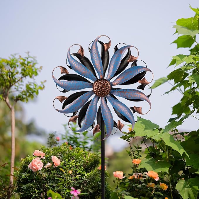 VEWOGARDEN Wind Spinners Outdoor, Metal Kinetic Wind Spinner with Flower Design for Yard Garden Lawn Decorations, Dark Blue