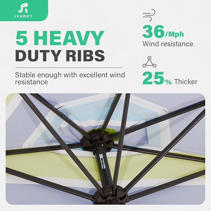 JEAREY 9ft Half Umbrella Outdoor Patio Umbrella Market Umbrellas with Crank, 1/2 Round Wall Umbrella 5 Sturdy Ribs UV Protection for Pool Garden Balcony Deck, Blue & Green Strip