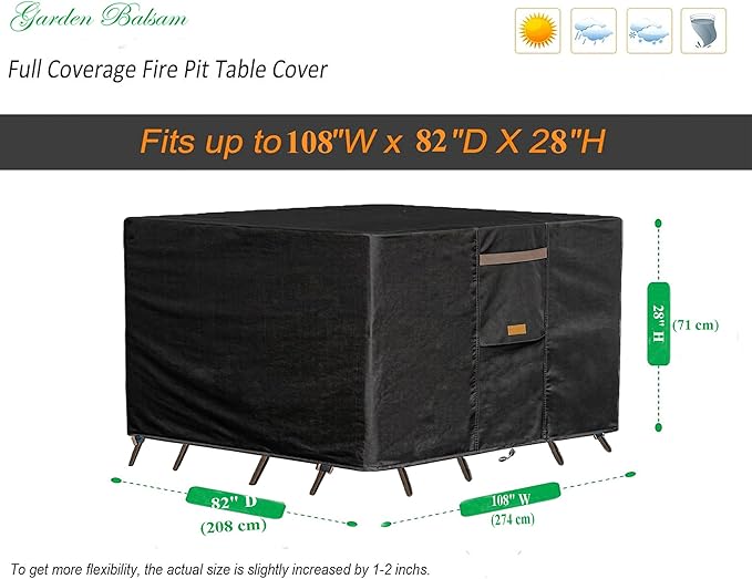 600D Heavy Duty Waterproof Patio Furniture Covers UV Resistant Rectangular Outdoor Table and Chair Covers 108" Wx 82" D x 28" H Black