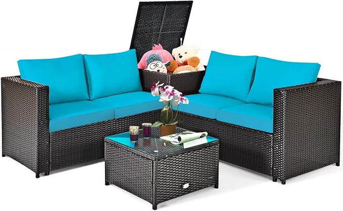 Tangkula 4 Piece Wicker Patio Set with Storage, All Weather-Proof Outdoor Conversation Set with Loveseat, Glass Top Coffee Table & Storage Box, Suitable for Garden, Poolside, Sunroom (1, Turquoise)